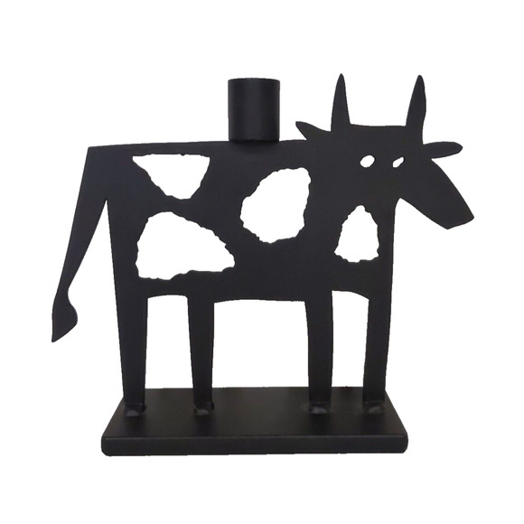 VTG Metal Art Abstract Cow Spots 2 Candle Holders Sculpture Black Far Side HEAVY - Picture 3 of 11